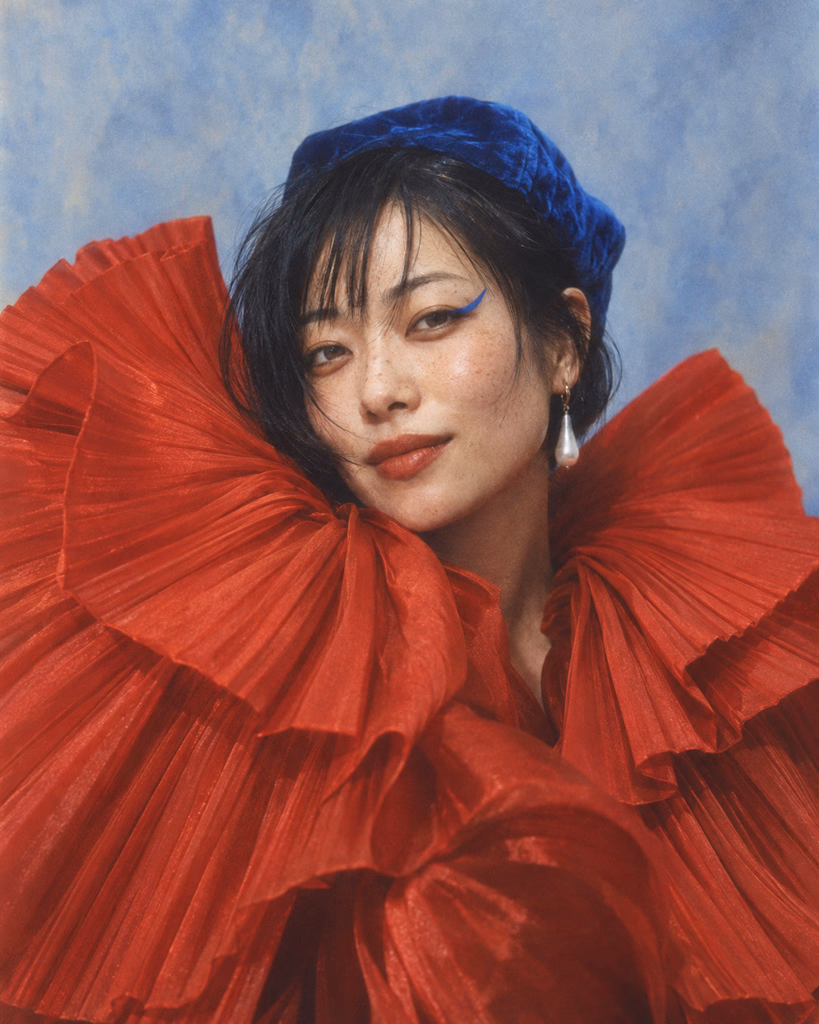 Crimson Pleated Haute Couture Gown with Velvet Beret